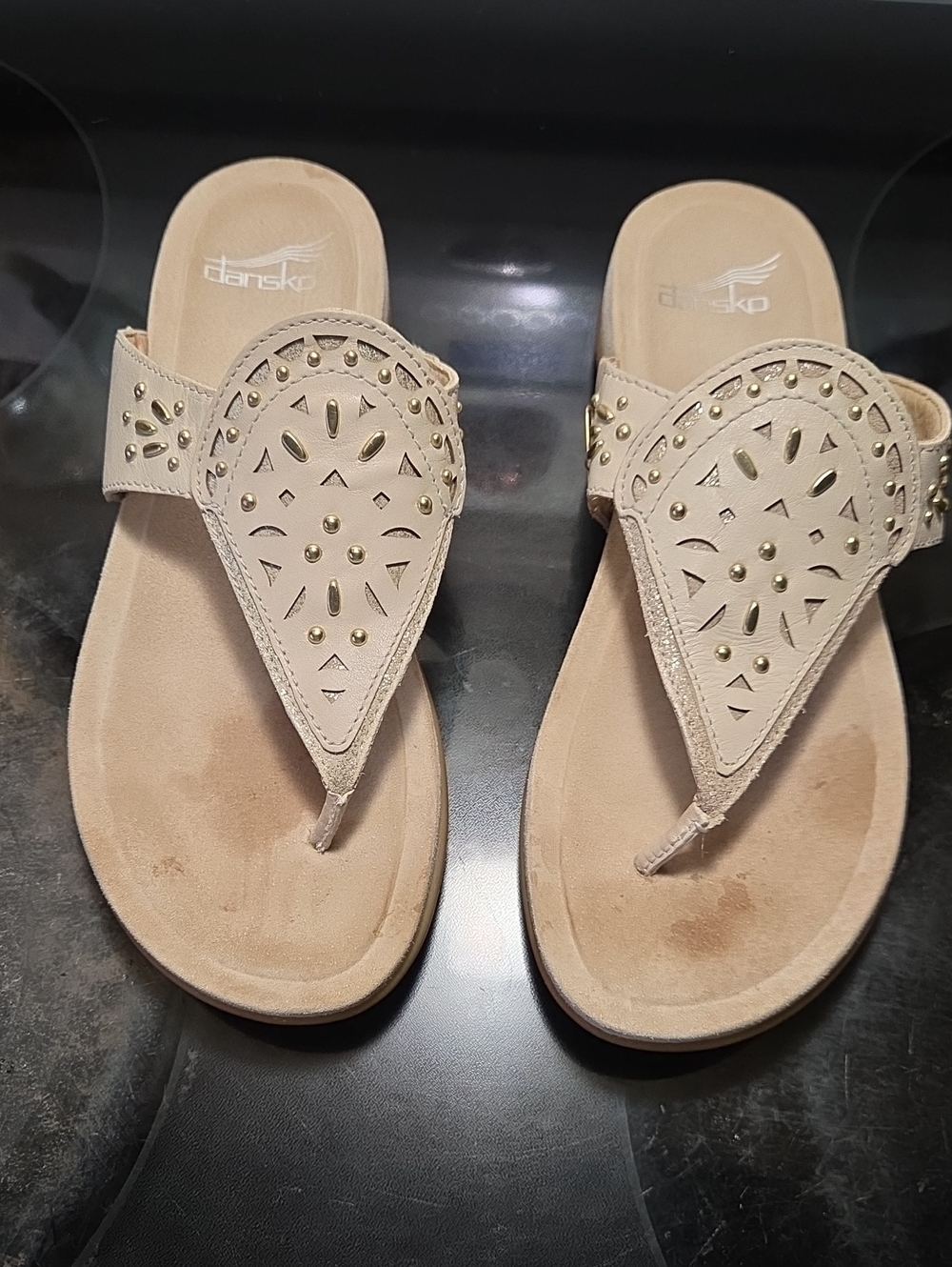 Dansko Beige Leather Studded Thong Sandals